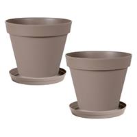 Set Van 2x Stuks Bloempotten Toscane Kunststof Taupe D40 X H32 Cm Inclusief Onderschalen D35 Cm - Plantenpotten