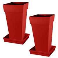 Set Van 2x Stuks Bloempotten Toscane Vierkant Kunststof Rood 43 X 43 X 80 Cm Inclusief Onderschalen - Plantenpotten