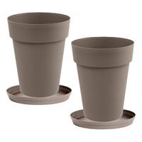 Set Van 2x Stuks Bloempotten Toscane Kunststof Taupe D44 X H53 Cm Inclusief Onderschalen D35 Cm - Plantenpotten