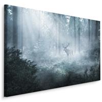 Karo-art Schilderij - Hert in een donker Bos, Mist, premium Print