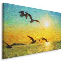 Karo-art Schilderij - Zeemeeuwen en ondergaande zon, Print op canvas, premium Print