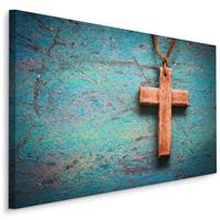 Karo-art Schilderij - Houten Kruis op Blauwe Achtergrond, Premium Print