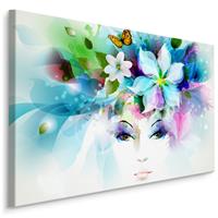 Karo-art Schilderij - Gezicht van een Vrouw met Bloemen, Print op Canvas, Premium Print