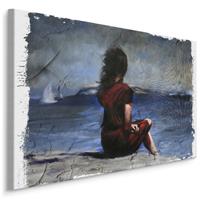 Karo-art Schilderij - Vrouw in Rode Jurk op het Strand, Print op canvas