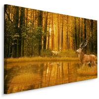 Karo-art Schilderij - Herten bij een Meer in het Bos, premium Print