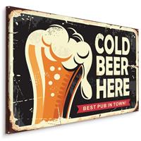 Karo-art Schilderij - Retro Bord, Cold Beer Here, Premium Print op canvas