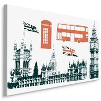 Karo-art Schilderij - Toeristisch attracties in Londen, zwart/wit/rood, Premium Print