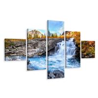 Karo-art Schilderij - Herfstig landschap en waterval, 5luik, premium print