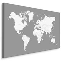 Karo-art Schilderij - De Wereld op een Grijze Achtergrond, Wereldkaart, Premium print