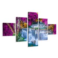 Karo-art Schilderij - Waterval en paarse bomen, 5luik, premium print