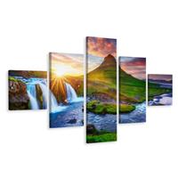 Karo-art Schilderij - Waterval en zonsondergang, 5luik, premium print