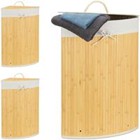 RELAXDAYS 3 x Eckwäschekorb Bambus, faltbare Wäschebox 60 Liter, platzsparend, Wäschesack Baumwolle, 65 x 49,5 x 37 cm, creme