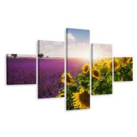 Karo-art Schilderij - Lavendel en zonnebloem, 5luik, premium print