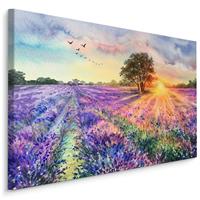 Karo-art Schilderij - Geschilderd lavendelveld (print op canvas), premium print