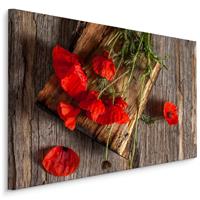 Karo-art Schilderij - Wilde klaprozen op hout (print op canvas), premium print