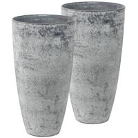 Set Van 2x Stuks Bloempotten/plantenpotten Vaas Van Gerecycled Kunststof Betongrijs D29 En H50 Cm - Plantenpotten