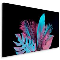 Karo-art Schilderij - Bladeren in Neon kleuren op zwarte achtergrond, 5 maten