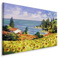 Karo-art Schilderij - Landschap met Zonnebloemen, Premium print op Canvas