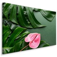 Karo-art Schilderij - Roze bloem met Monstera Bladeren, Premium Print