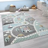 PACO HOME Kinder-Teppich Mit Straßen-Motiv, Spiel-Teppich Für Kinderzimmer, In Grün Grau Ø 200 cm Rund