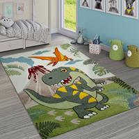 PACO HOME Kinderzimmer Teppich Grün Dinosaurier Dschungel Vulkan 3-D Effekt Kurzflor 140x200 cm