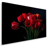 Karo-art Schilderij - Rode tulpen zwarte achtergrond, premium print