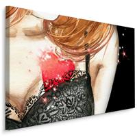 Karo-art Schilderij - Vrouw met geschilderd hart (print op canvas), premium print