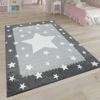 PACO HOME Kinderteppich Grau Weiß Kinderzimmer 3-D Bordüre Sternen Design Weich Robust 80x150 cm