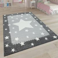PACO HOME Kinderteppich Grau Weiß Kinderzimmer 3-D Bordüre Sternen Design Weich Robust 160x230 cm