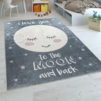 PACO HOME Kinderteppich Kinderzimmer Mädchen Waschbar Sterne Niedlicher Mond Spruch Grau 140x200 cm