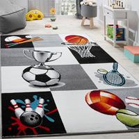 Paco Home Vloerkleed voor de kinderkamer ECE 962 Korte pool, motief takken van sport (voetbal, tennis, basketbal), kinderkamer