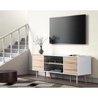 WAMPAT Fernsehtisch TV Lowboard Weiß und Eiche für bis zu 65 Zoll Fernseher, TV Schrank mit 2 Push-to-Open Türen und Verstellbare Regal für