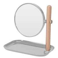 Badkamerspiegel / make-up spiegel rond dubbelzijdig lichtgrijs met opbergbakje L22 x B14 x H23 -