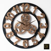 Lw Collection Wandklok Levi brons cijfers 40cm - Wandklok hout met tandwielen - IndustriÃ«le landelijke wandklok stil uurwerk