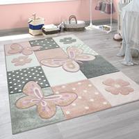 PACO HOME Kinder Teppich Kinderzimmer Bunt Rosa Schmetterlinge Karo Muster Punkte Blumen 133 cm Quadrat - 