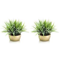 Set van 2x stuks gras/grasstruik kunstplant 33 cm in gouden pot -