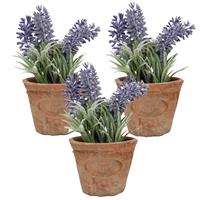 True to Nature 3x stuks kunstplanten lavendel in terracotta pot 15 cm -