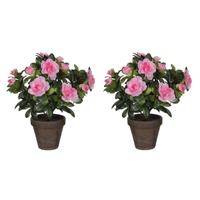 Mica Decorations 3x stuks groene Azalea kunstplanten roze bloemen 27 cm in pot -