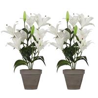 Shoppartners 2x Witte Tigerlily/tijgerlelie kunstplanten 47 cm in grijze pot -