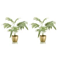 Set van 2x stuks Phlebodium kunstplant grijs/groen 67 cm in gouden pot -