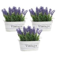 Items 3x stuks lavendel kunstplanten/kamerplanten in metalen emmer wit 20 cm -