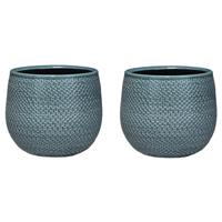 Mica Decorations Set van 2x stuks keramiek aardewerk bloempotten van 14 x 16 cm in het geribbeld midnight Blauw