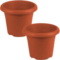 Hega Hogar Set van 2x stuks terra cotta ronde plantenpotten/bloempotten kunststof D 22 x H 17.5 cm - Plantenbakken/bloembakken voor buiten