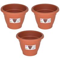 Hega Hogar Set van 3x stuks terra cotta kleur ronde plantenpot/bloempot kunststof diameter 14 cm - Plantenbakken/bloembakken voor buiten