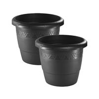 Hega Hogar Set van 2x stuks bloempot/plantenpot antraciet kunststof diameter 35 cm - Hoogte 29 cm - Buiten gebruik