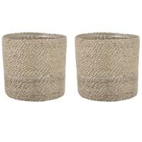 Mica Decorations 2x stuks naturel rotan planten/bloemen pot mand van gedraaid jute/riet H20 en D20 cm - Met plastic binnenkant