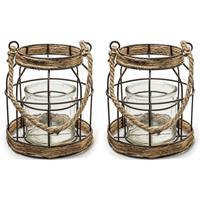 Bellatio Set van 2x transparante vaas/vazen met metalen/jute kooi 16 x 19 cm - Woonaccessoires/woondecoraties - Glazen bloemenvaas - Boeketvaas