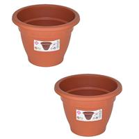 Hega Hogar Set van 2x stuks terra cotta kleur ronde plantenpot/bloempot kunststof diameter 14 cm - Plantenbakken/bloembakken voor buiten