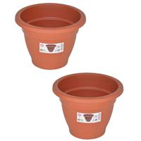 Hega Hogar Set van 2x stuks terra cotta kleur ronde plantenpot/bloempot kunststof diameter 16 cm - Plantenbakken/bloembakken voor buiten