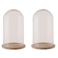 2x Glazen decoratie stolpen op houten plateau 18 x 28 cm - Home Deco stolpen - Woonaccessoires